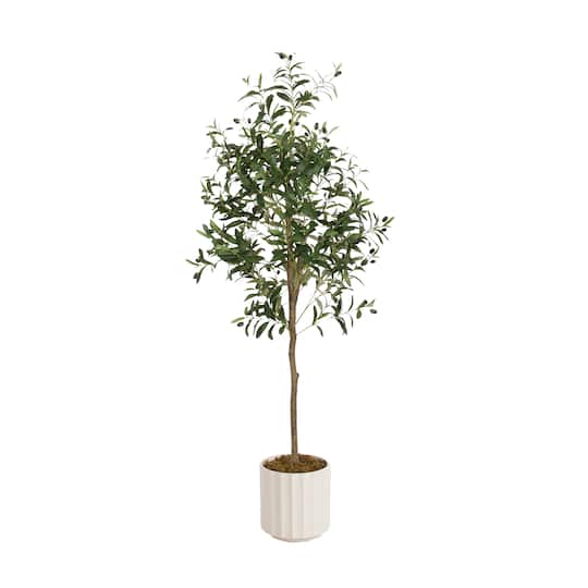 Kate and Laurel 5ft. Green Oliveira Faux Olive Tree with White Planter